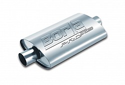 BORLA 400477 UNIVERSAL Performance Muffler, oval, silver ProXS, In / Out 2.25", Central / Offset, dim. 14"x4"x9.5", Mounting clamp