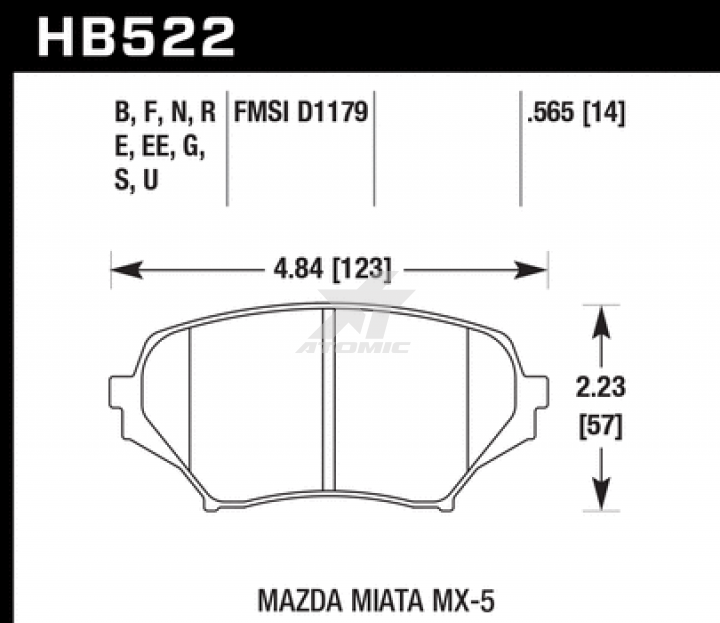 HAWK HB522N.565 Тормозные колодки HP+ MAZDA MX-5 2006-2010 передние для MAZDA MX-5 Miata 2.0 2006-08